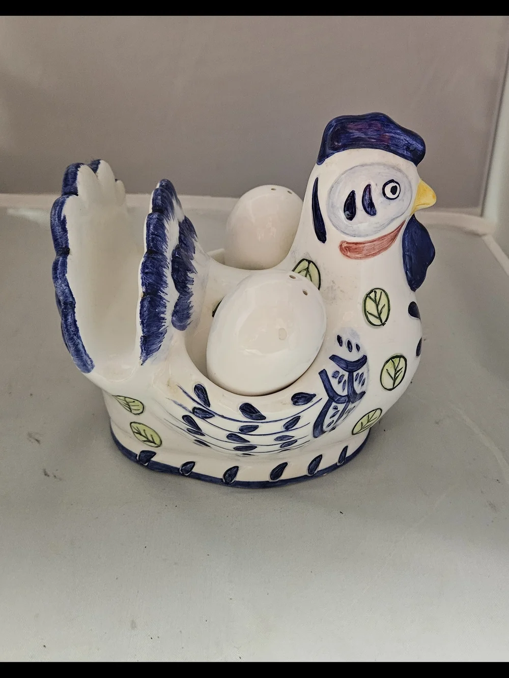 Hand-Painted Ceramic Hen Salt & Pepper Set Napkin Holder - White and Blue